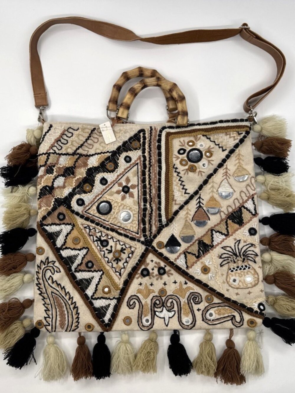 Fabulous MJ Wood Clasp Fringe Banjara Bag Tote Mirror Embroidered Tassel NEW